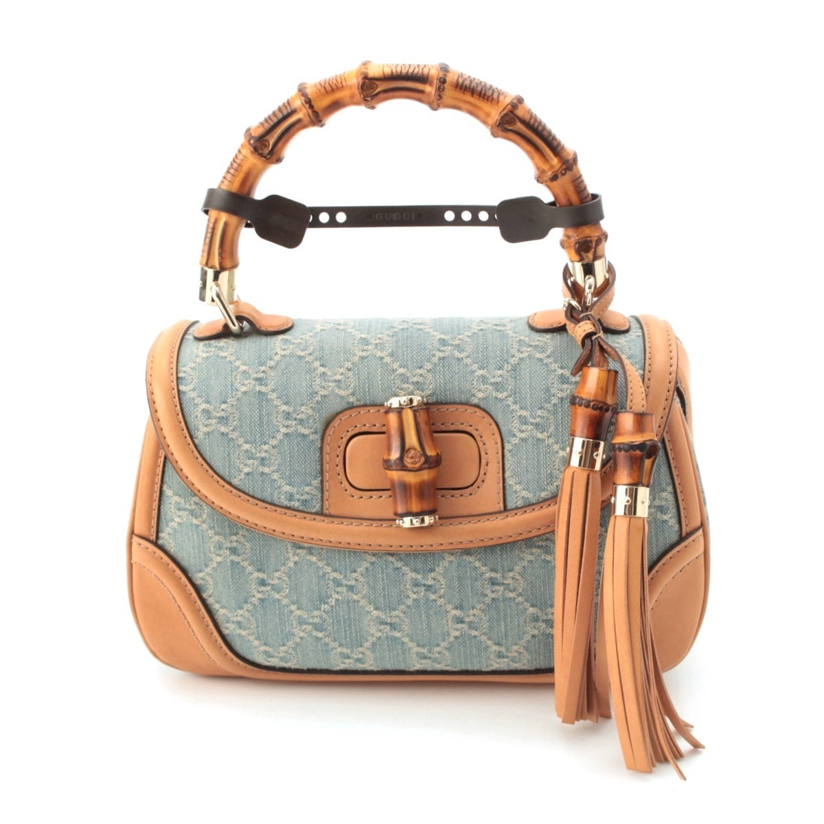 GUCCI GG Denim Bamboo Turnlock Shoulder Bag 254884 Ice blue beige
