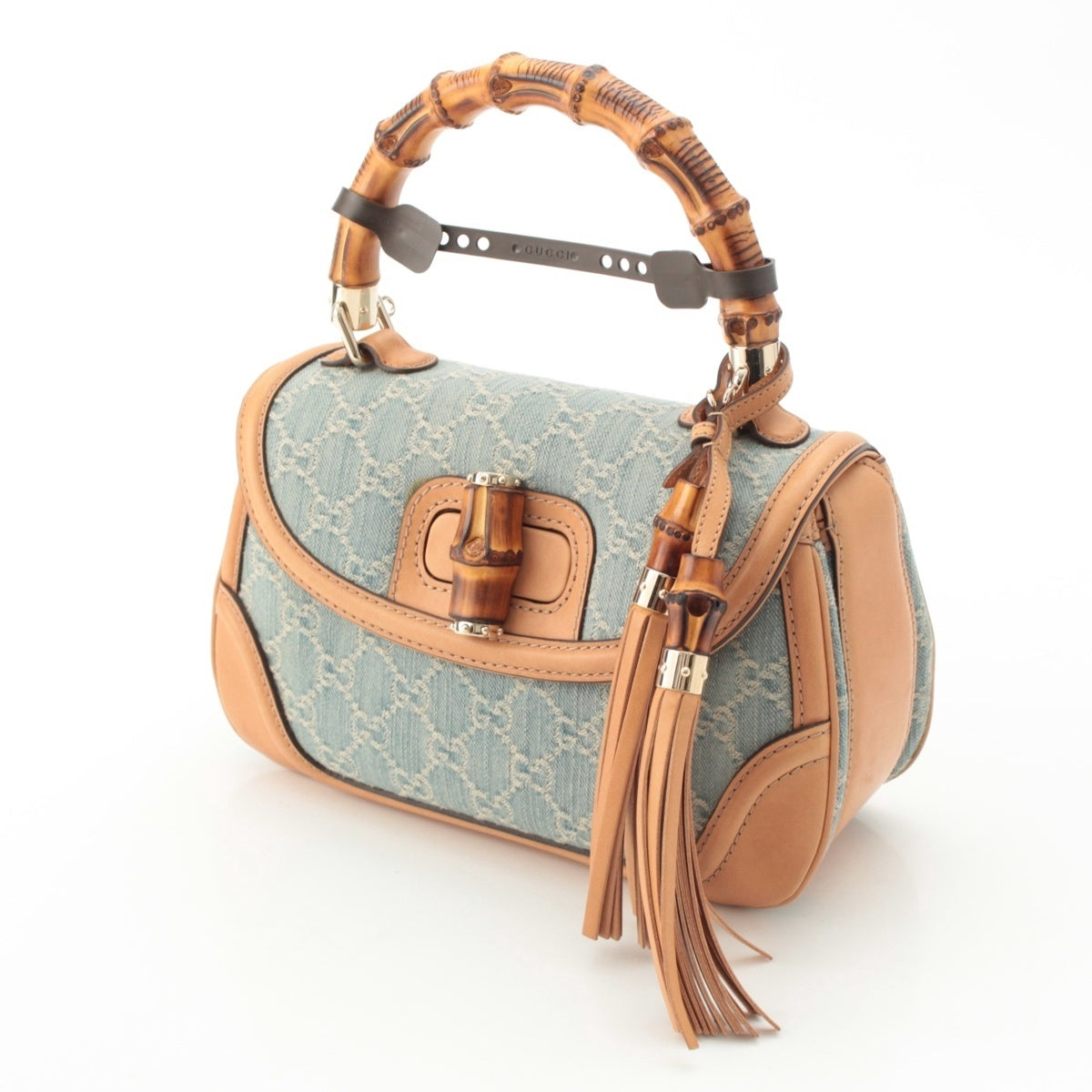 GUCCI GG Denim Bamboo Turnlock Shoulder Bag 254884 Ice blue beige