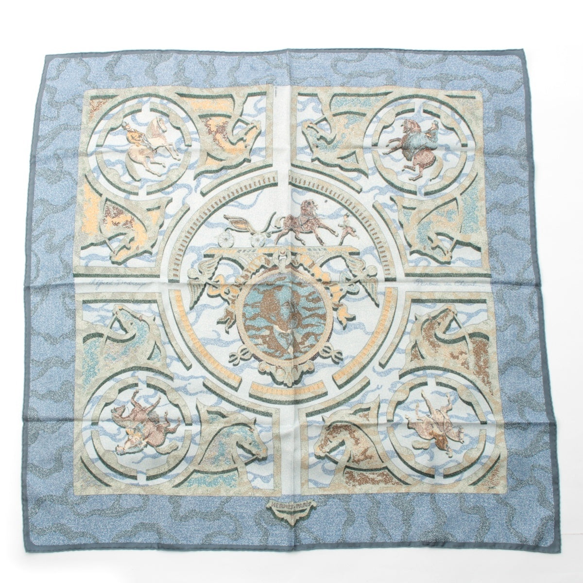 HERMES Calle 90 silk Painting of a Horse scarf blue 90