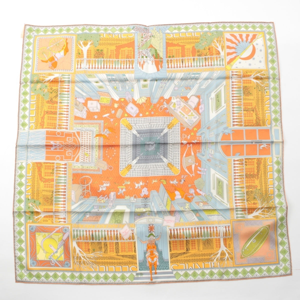 HERMES Calle 90 silk Objets de Curiosite scarf Orange