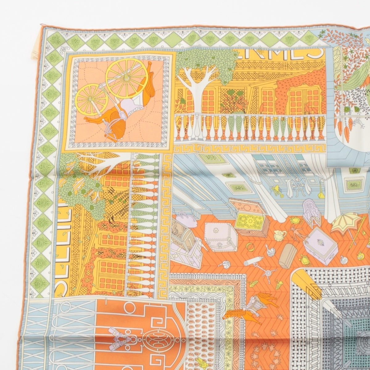 HERMES Calle 90 silk Objets de Curiosite scarf Orange