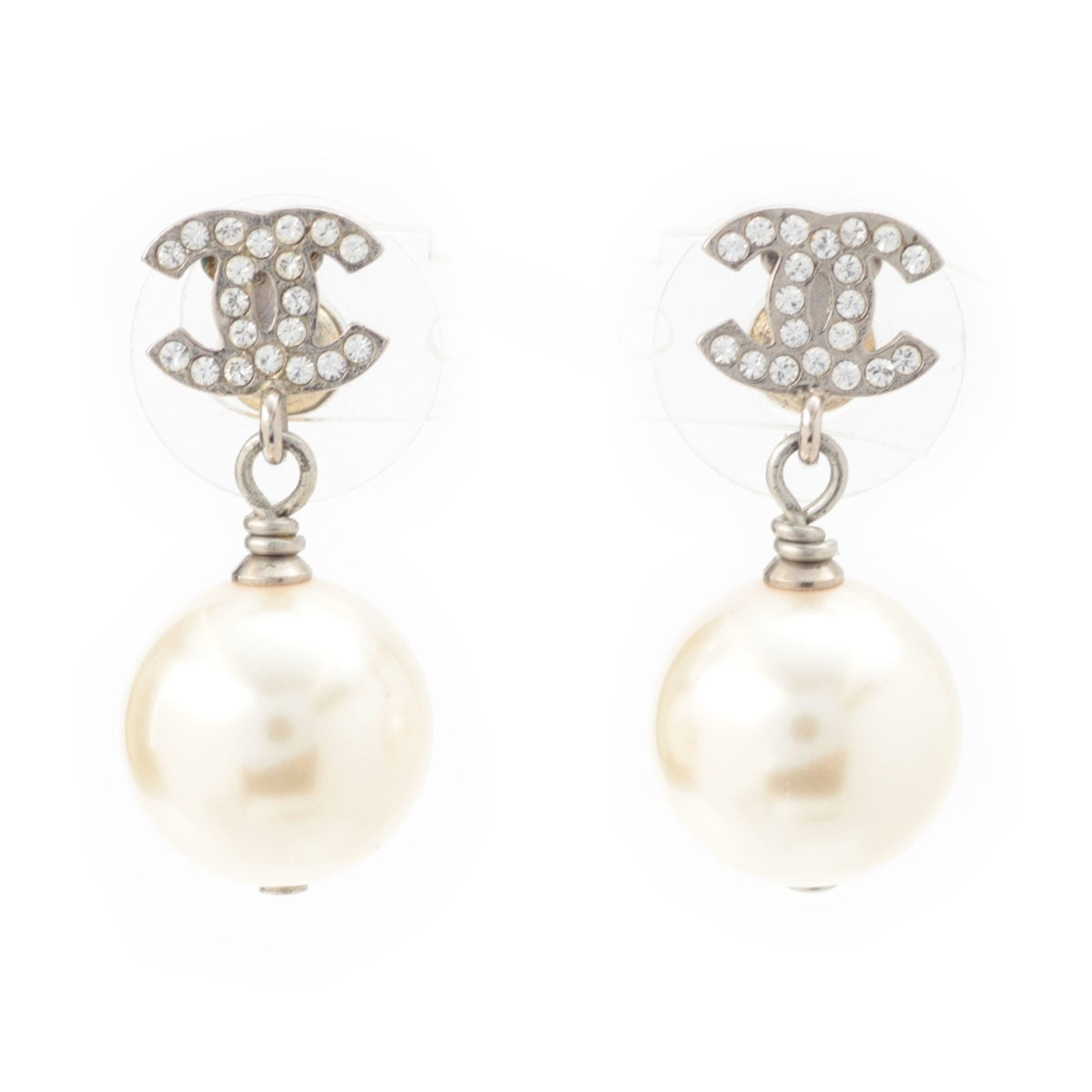 CHANEL COCO Mark Rhinestone Pearl Pierce Binaural Accessories Silver