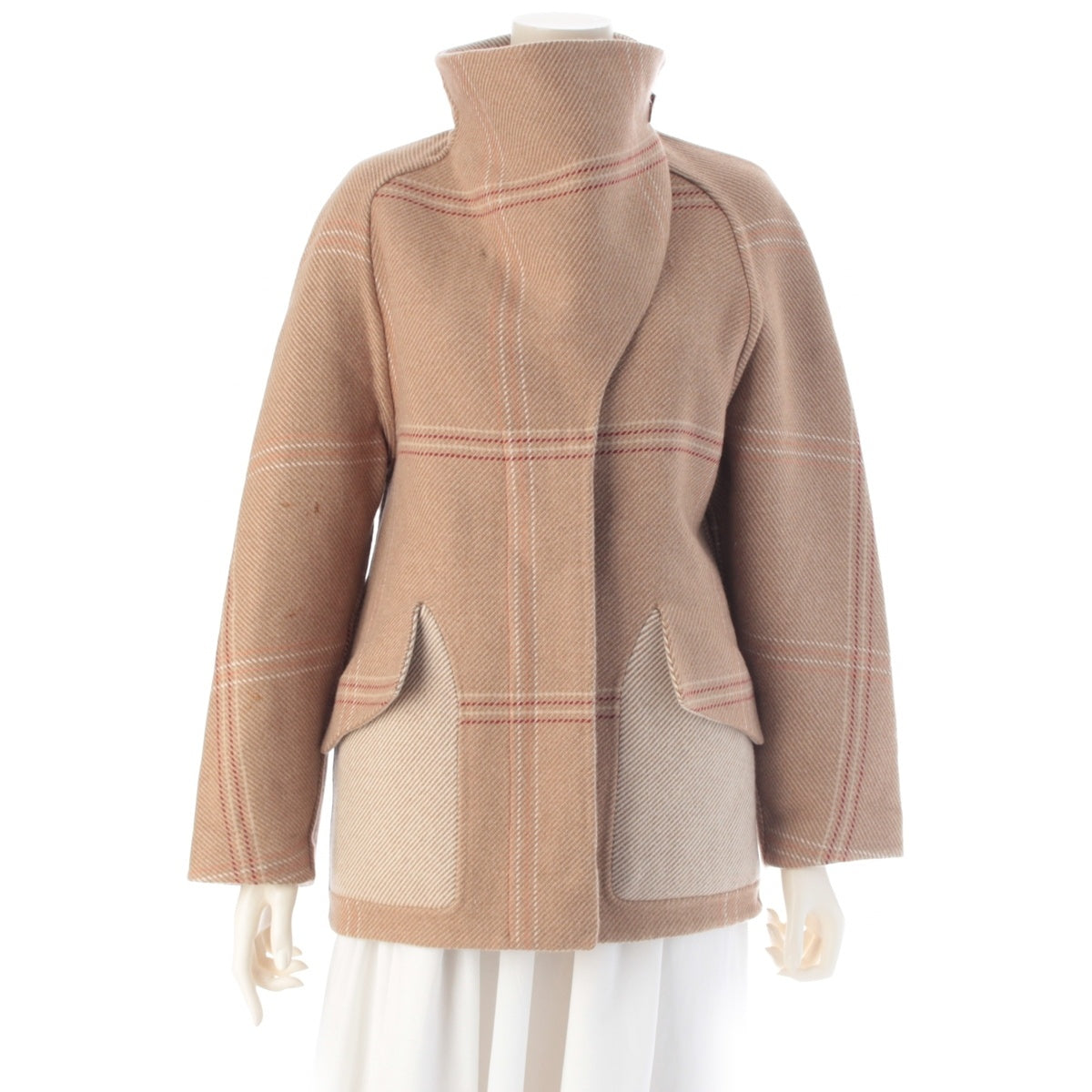 HERMES cashmere Double-faced check coat Jacket outerwear Beige brown 34