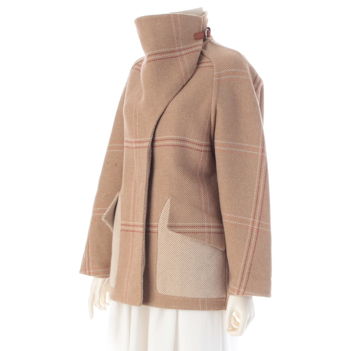 HERMES cashmere Double-faced check coat Jacket outerwear Beige brown 34