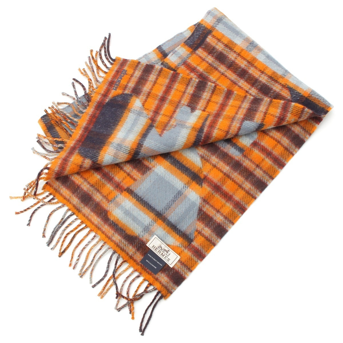 HERMES cashmere Echarpe Check Pattern Fringe Scarf Orange