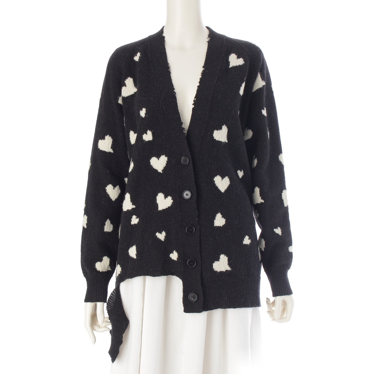 MARNI wool alpaca Heart Pattern V-Neck Distressed Finish cardigan tops Black White 40