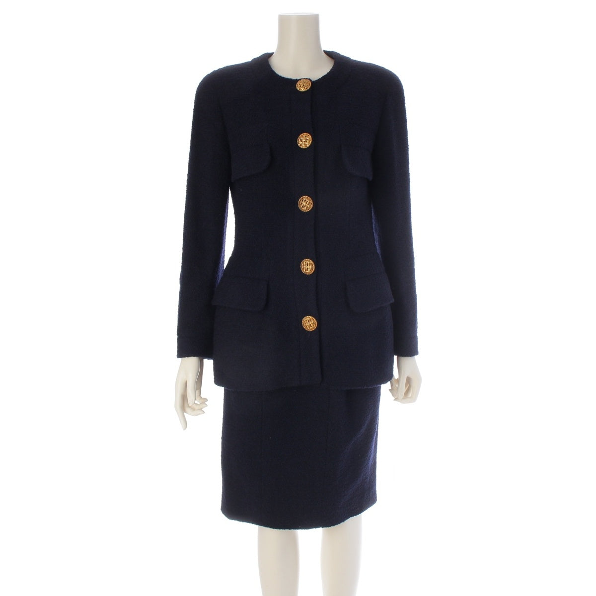 CHANEL Cross-design button collarless tweed Skirt setup 20446 Navy 38