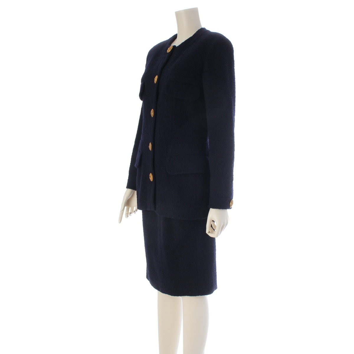 CHANEL Cross-design button collarless tweed Skirt setup 20446 Navy 38