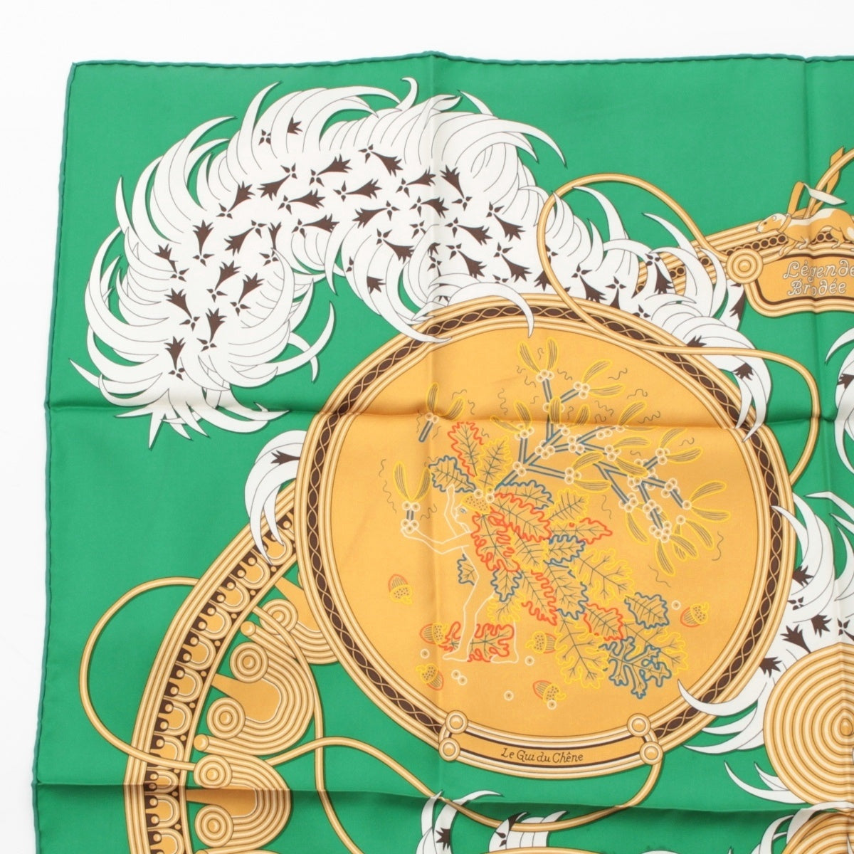 HERMES Calle 90 silk Legende Brodee: A legend woven through embroidery scarf green 90