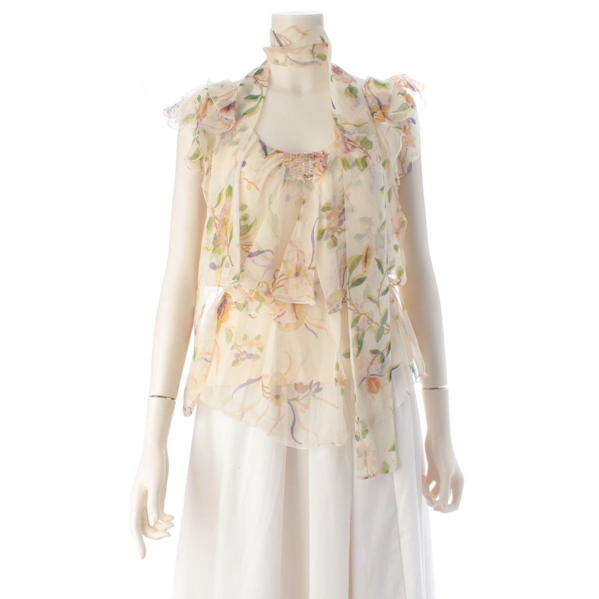 Dior silk Floral print ruffle sleeveless top blouse 6P12055211 beige 38