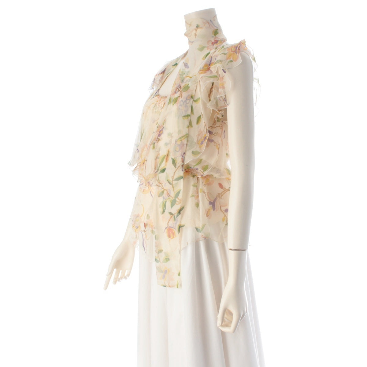 Dior silk Floral print ruffle sleeveless top blouse 6P12055211 beige 38