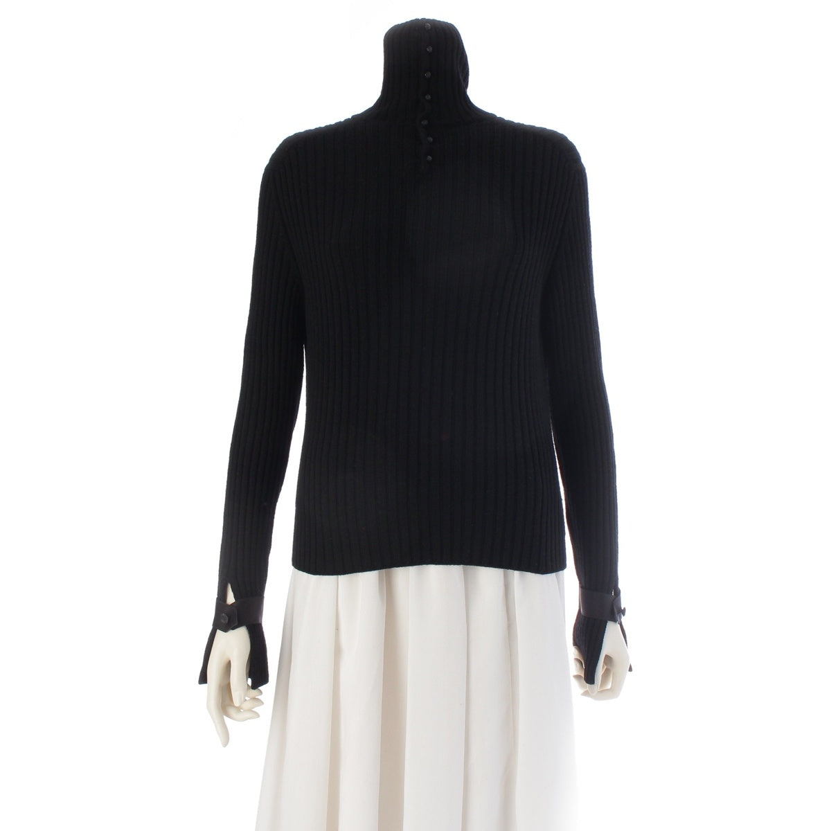 CHANEL wool Button design, high neck, ribbed, long sleeves knit P19707 black 42
