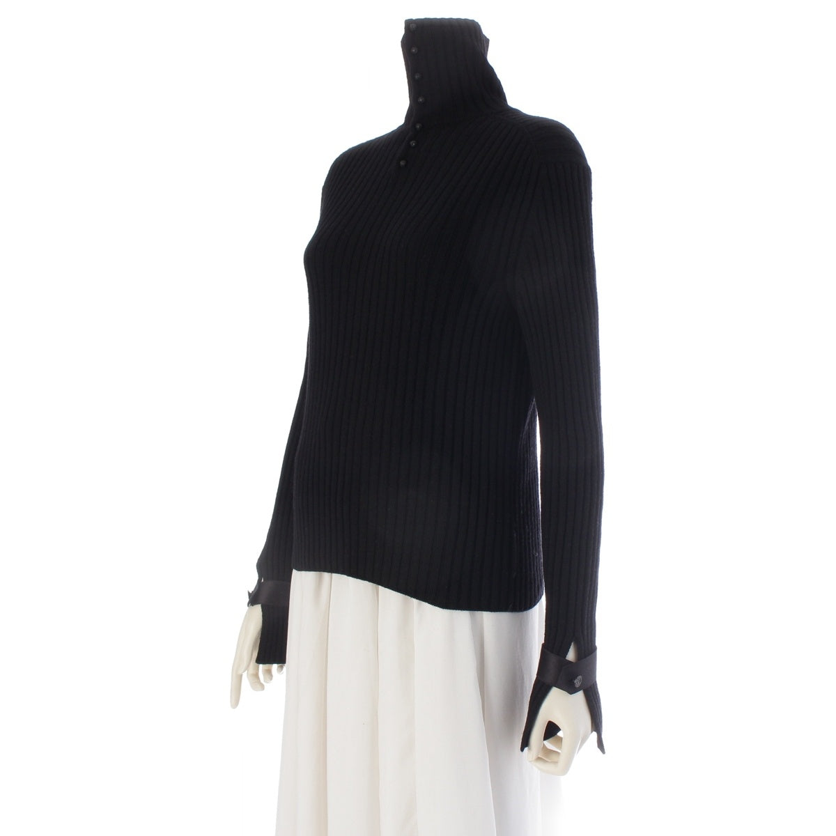 CHANEL wool Button design, high neck, ribbed, long sleeves knit P19707 black 42