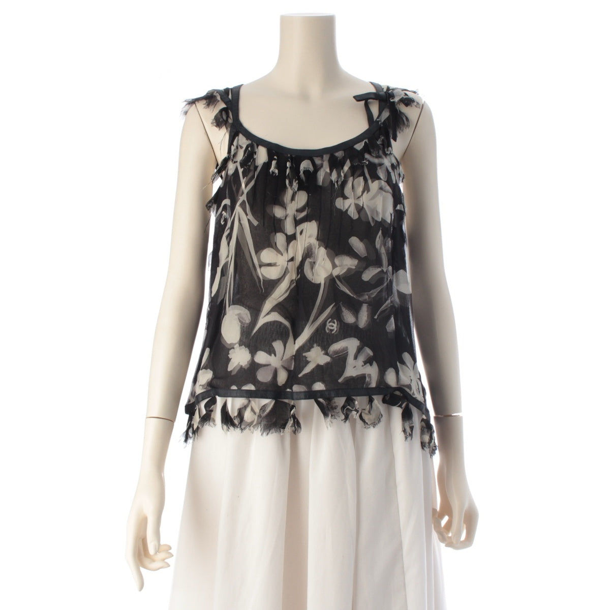 CHANEL Silk chiffon leather trim COCO Mark Sleeveless Cut and Sew Top blouse P23369 Black x gray 40