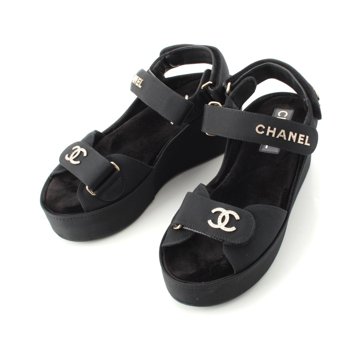 CHANEL COCO Mark Rhinestone Logo Velcro Flat Sandals G37455 black 38C