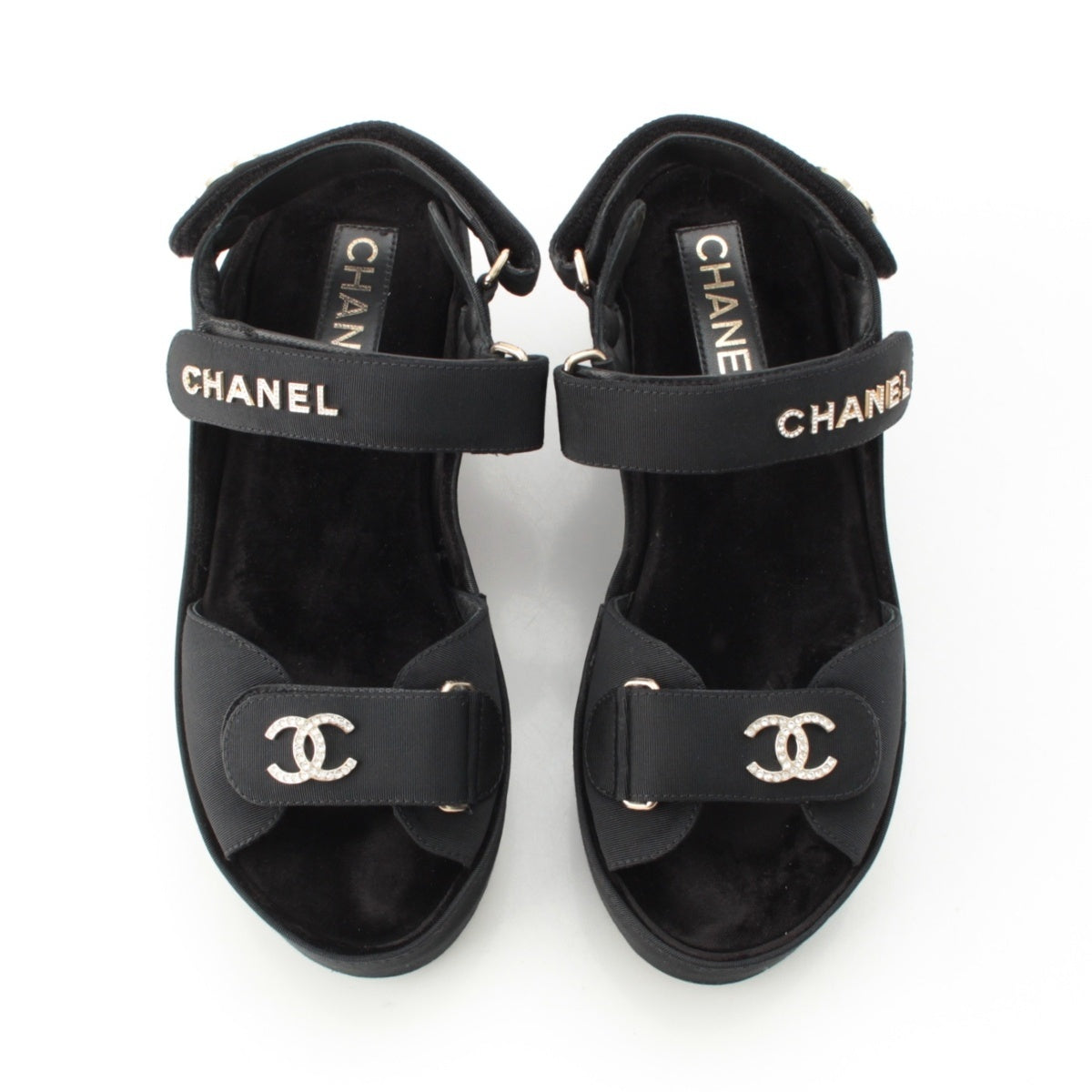 CHANEL COCO Mark Rhinestone Logo Velcro Flat Sandals G37455 black 38C