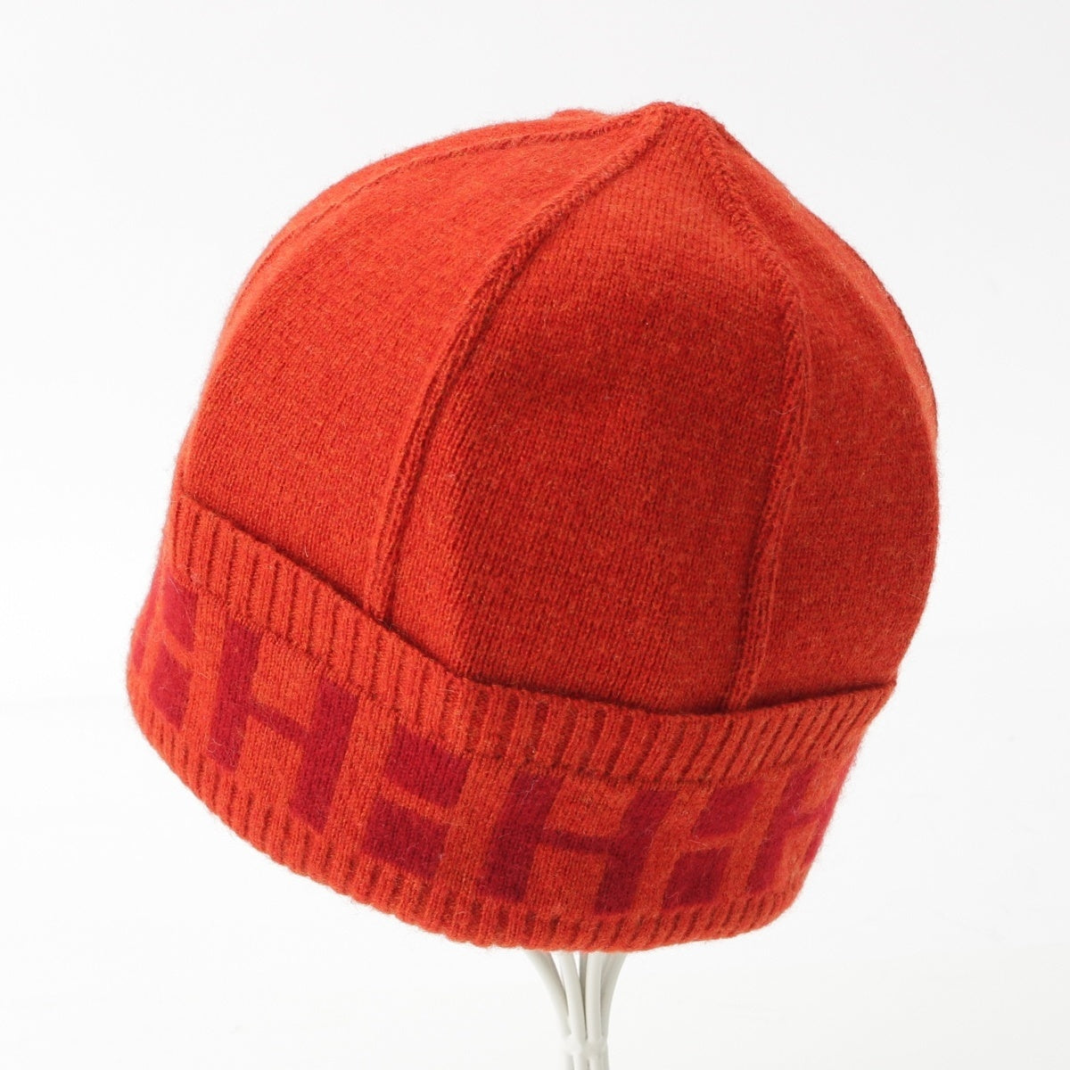 HERMES cashmere H logo beanie Knit cap Orange red