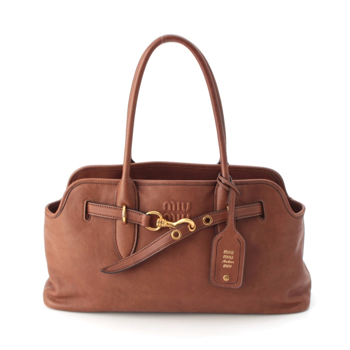 MIUMIU leather Logo Adventure Handbag 5BG310 Brown Large