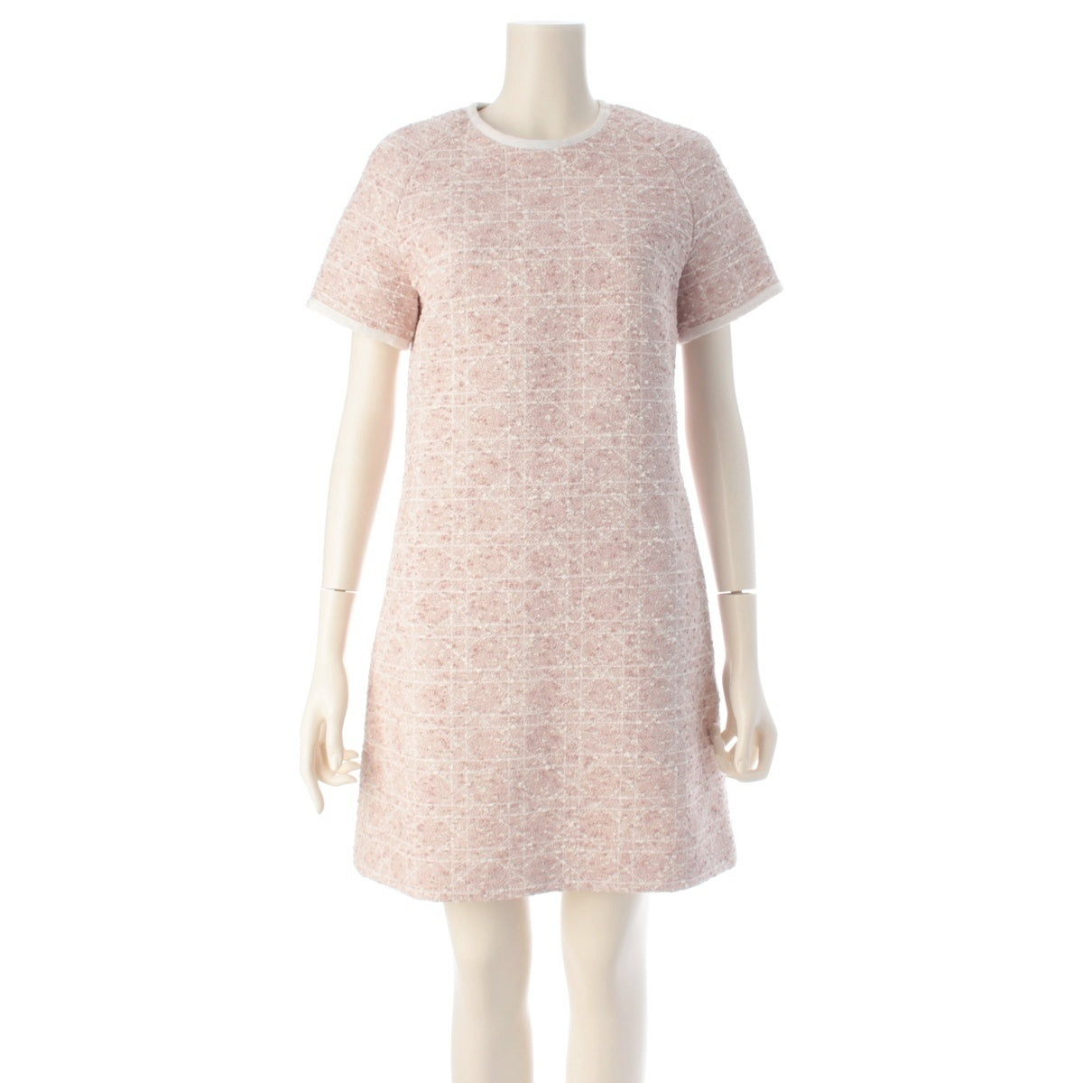 Dior cotton MACROCANNAGE Short Sleeve Crew Neck Tweed one piece dress 521R26A7757 pink 40