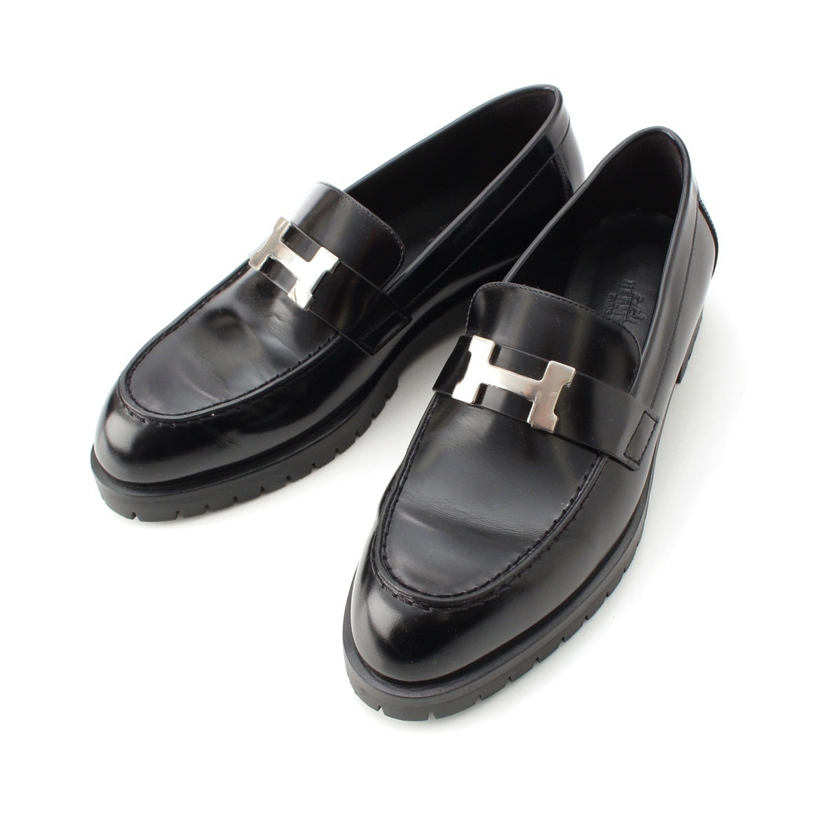 HERMES leather Faubourg Constance Moccasins loafers shoes Black Silver Metal 37