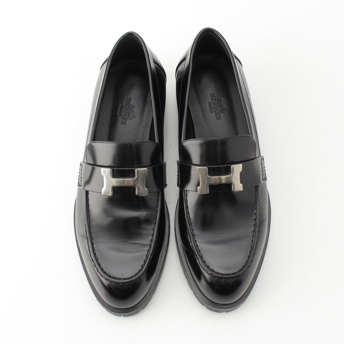 HERMES leather Faubourg Constance Moccasins loafers shoes Black Silver Metal 37