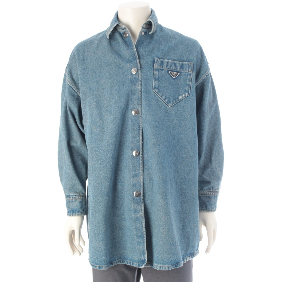 PRADA Triangle Logo Mid Blue Oversized Organic Shirt Denim Jacket GFC036 Ice blue 36