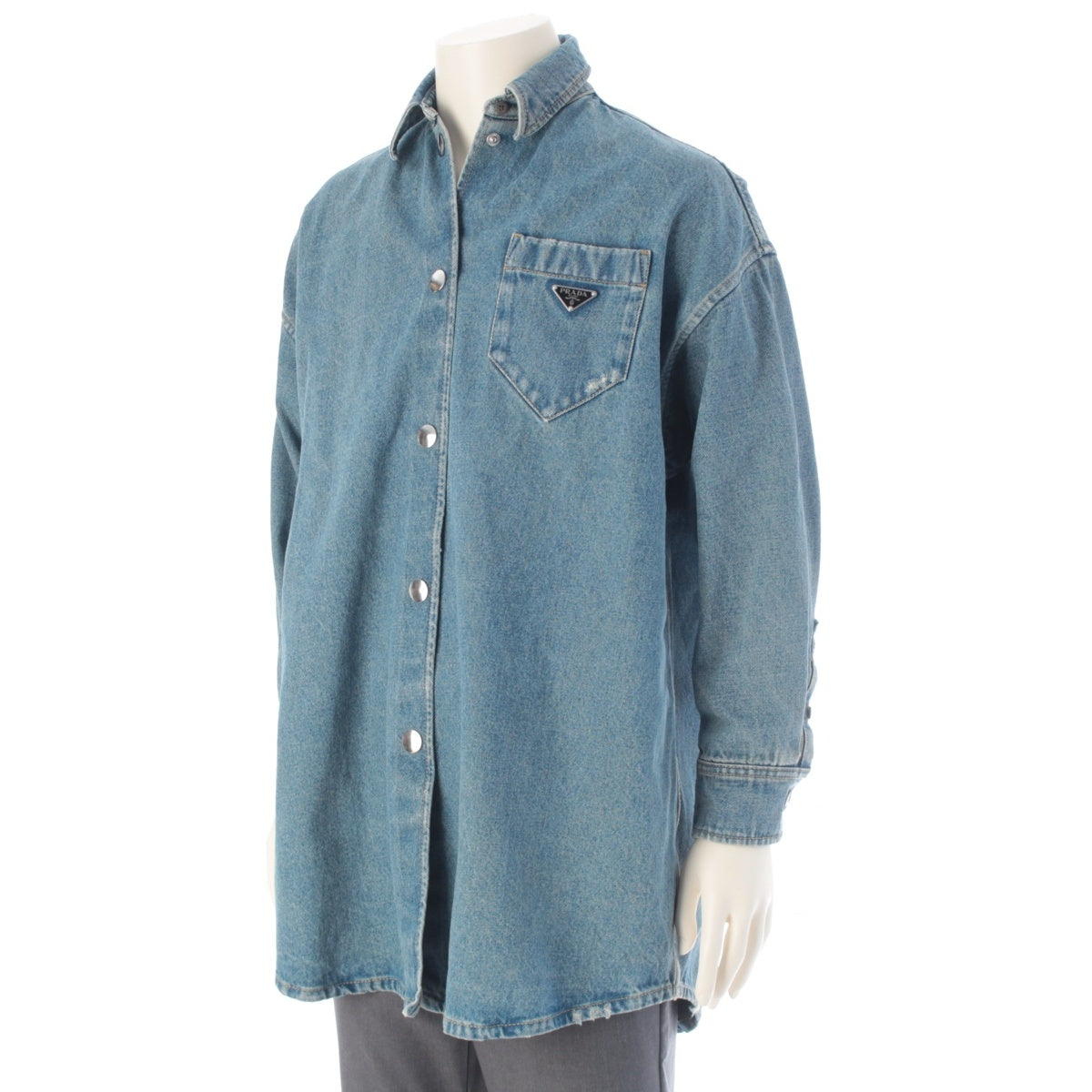 PRADA Triangle Logo Mid Blue Oversized Organic Shirt Denim Jacket GFC036 Ice blue 36