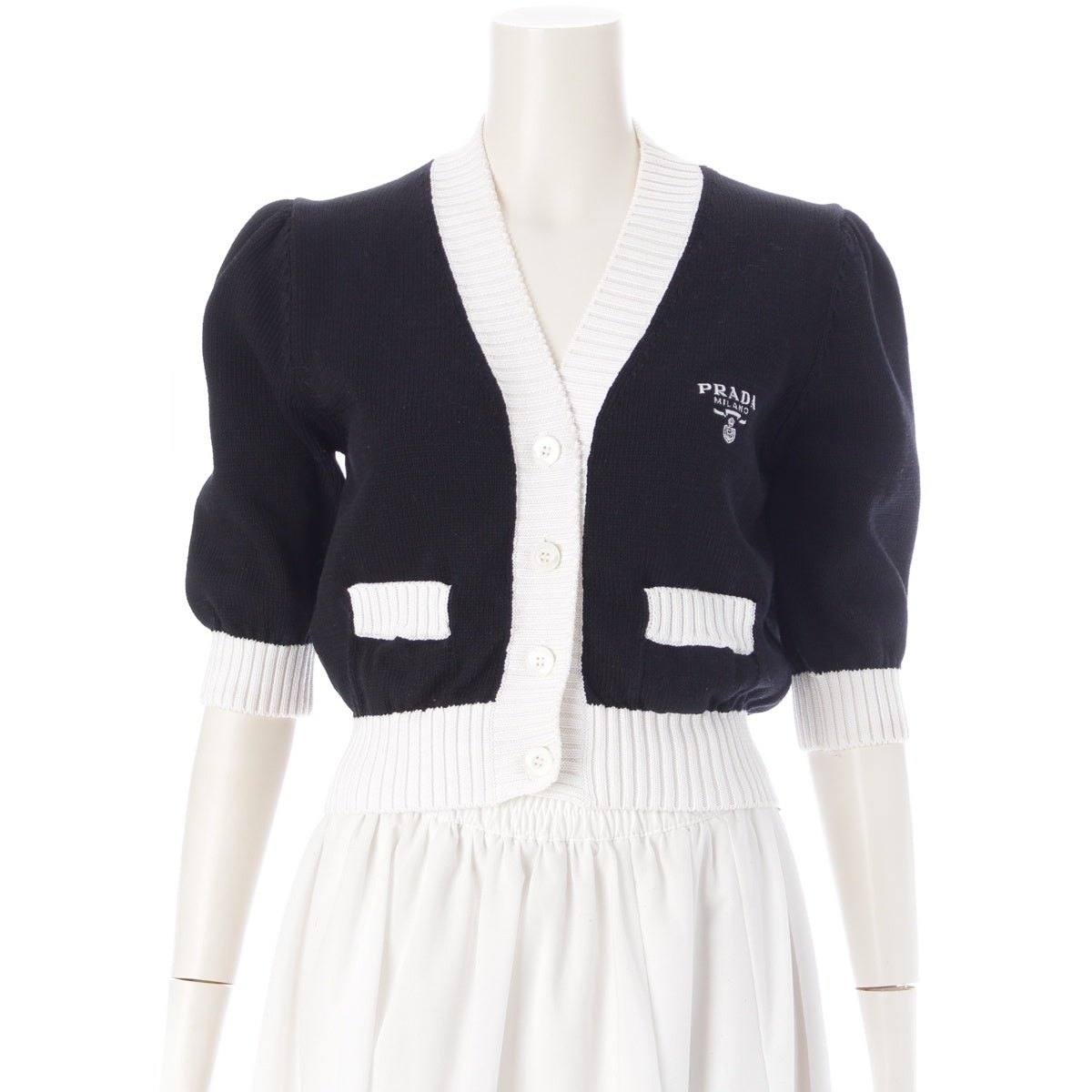 PRADA cotton Logo embroidered cropped two-tone cardigan P25I04 Black White 38