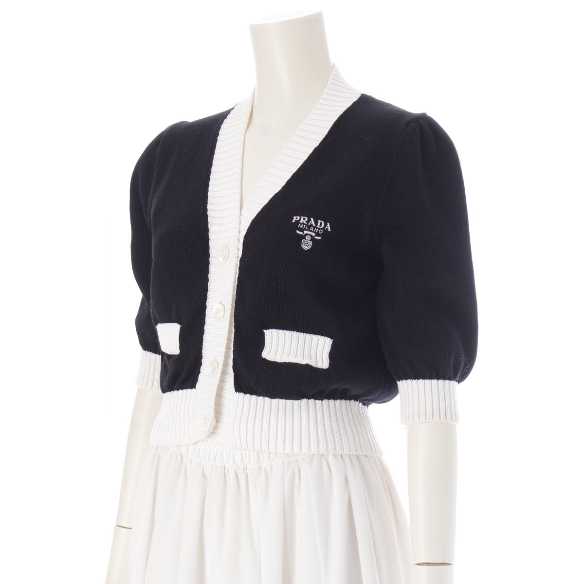 PRADA cotton Logo embroidered cropped two-tone cardigan P25I04 Black White 38