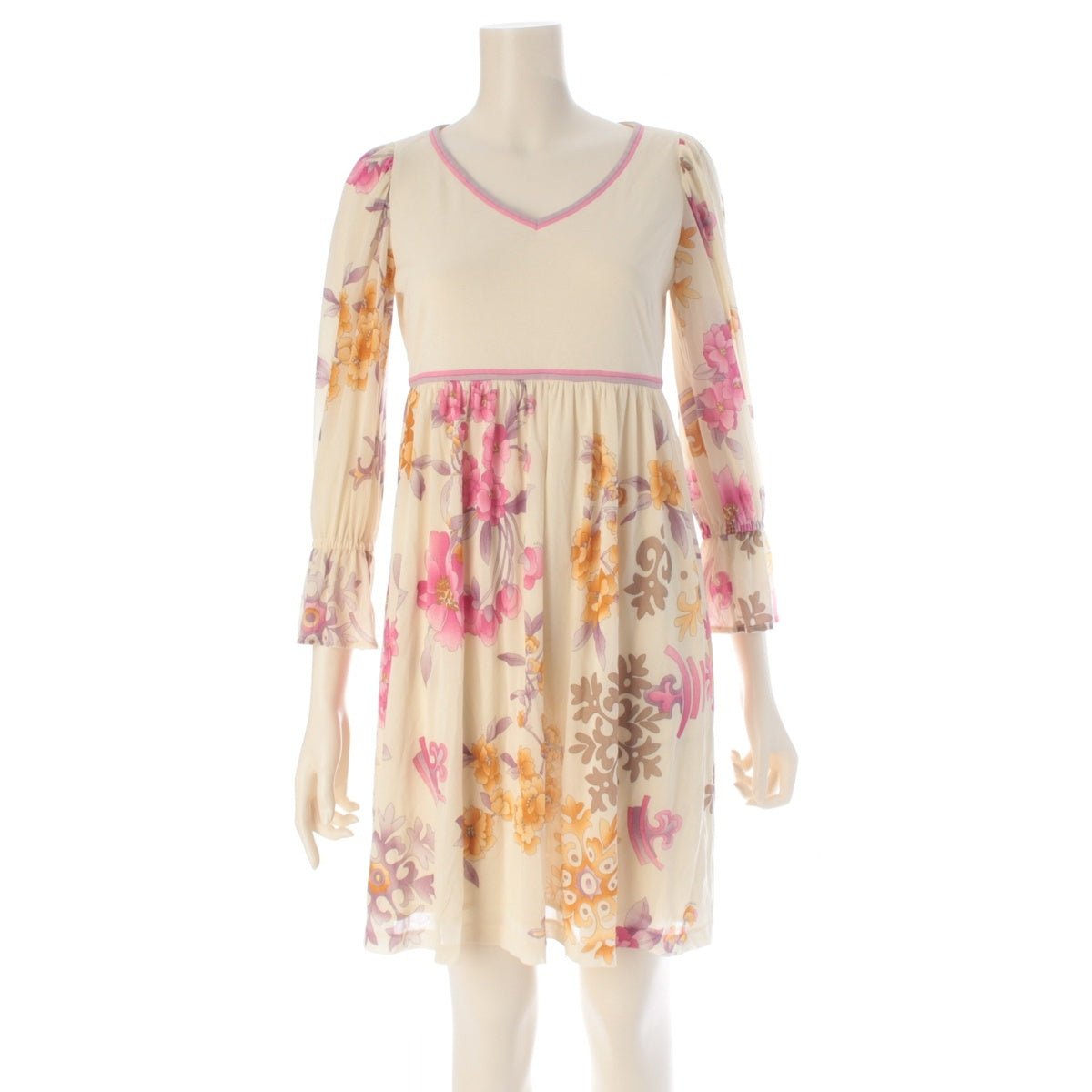 LEONARD Cancan material Sheer floral print flared sleeves one piece Ivory 1