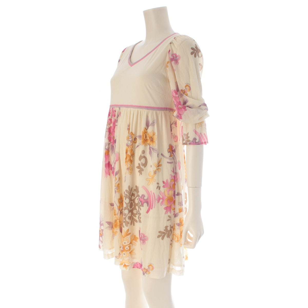 LEONARD Cancan material Sheer floral print flared sleeves one piece Ivory 1