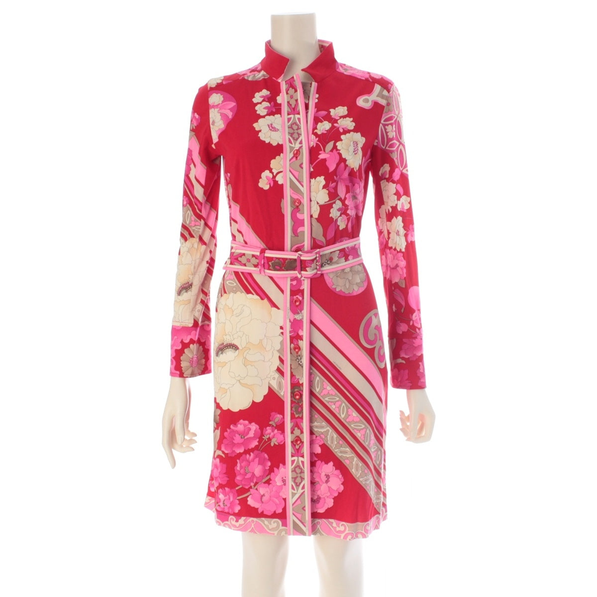 LEONARD Cancan material Floral print long-sleeved top with belt one piece Red 1