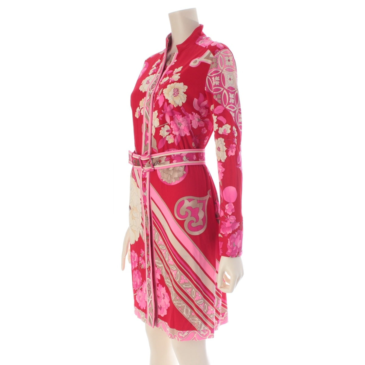 LEONARD Cancan material Floral print long-sleeved top with belt one piece Red 1
