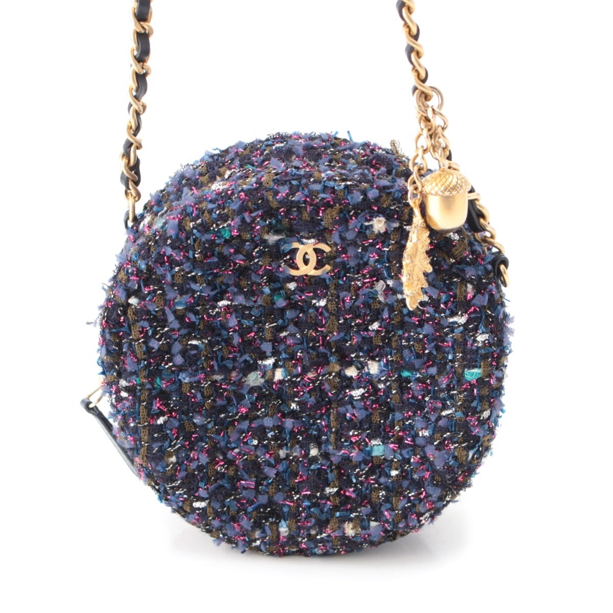 CHANEL Matrasse tweed COCO Mark Round Chain Shoulder Bag Gold Metal purple