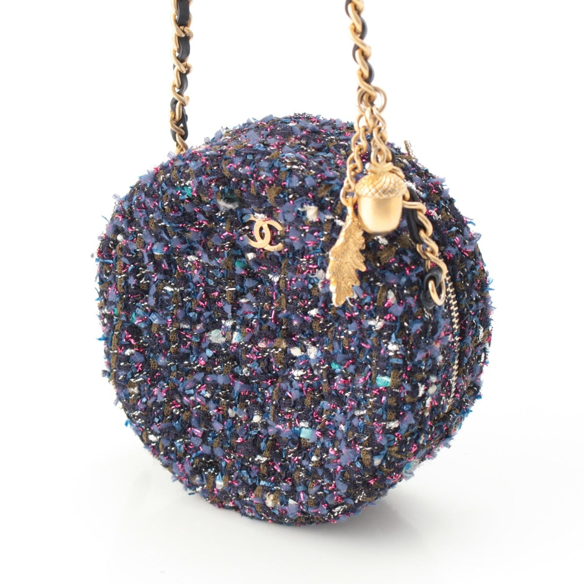 CHANEL Matrasse tweed COCO Mark Round Chain Shoulder Bag Gold Metal purple