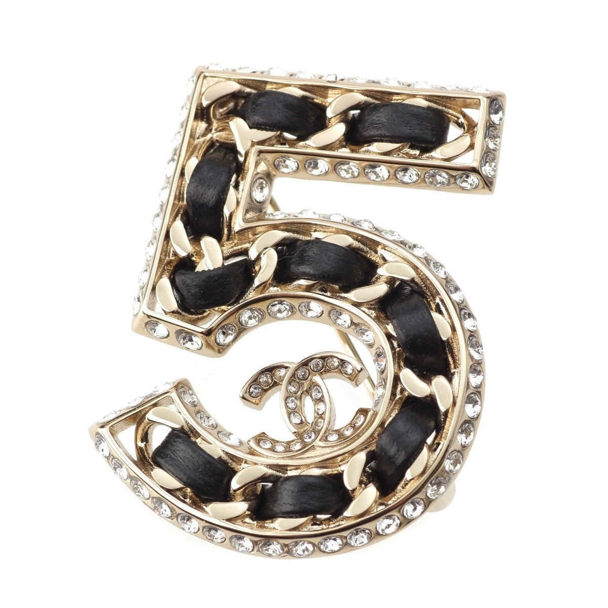 CHANEL Leather with rhinestones, gold plated. No.5 Brooch Accessories Black Champagne Gold