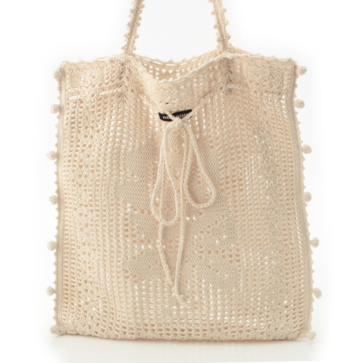 MIUMIU cotton Crochet Pom Pom Flower Knit Tote Bag 5BA288 off white