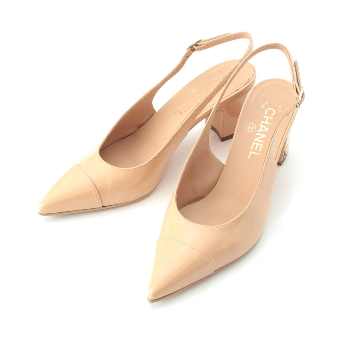 CHANEL patent Slingback pumps G45251 beige 37C