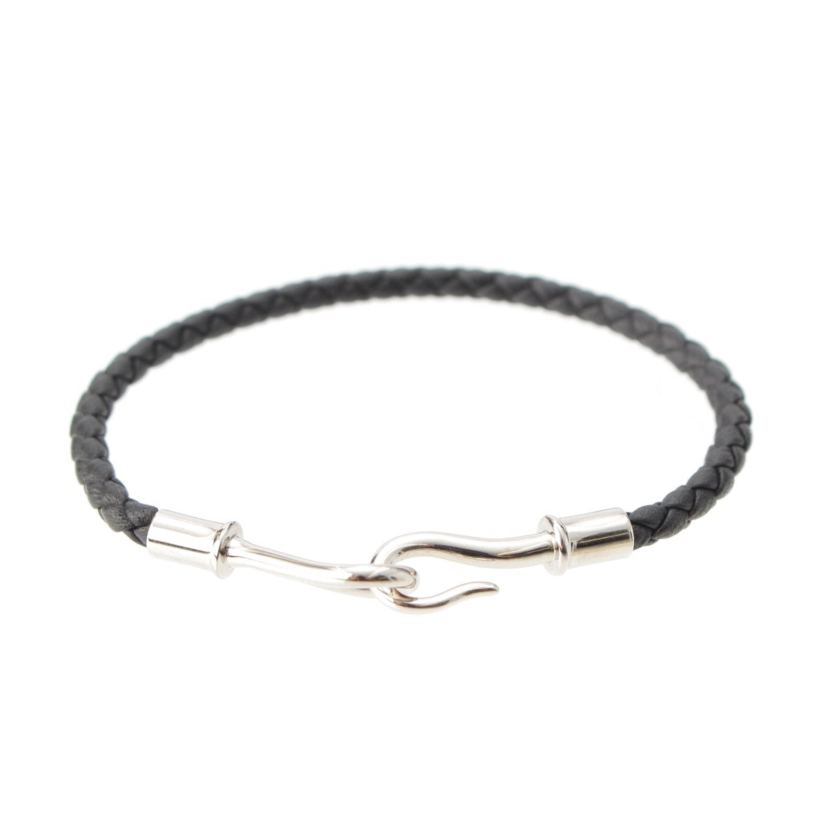 HERMES jumbo leather INTRECCIATO Braided bracelet Black Silver
