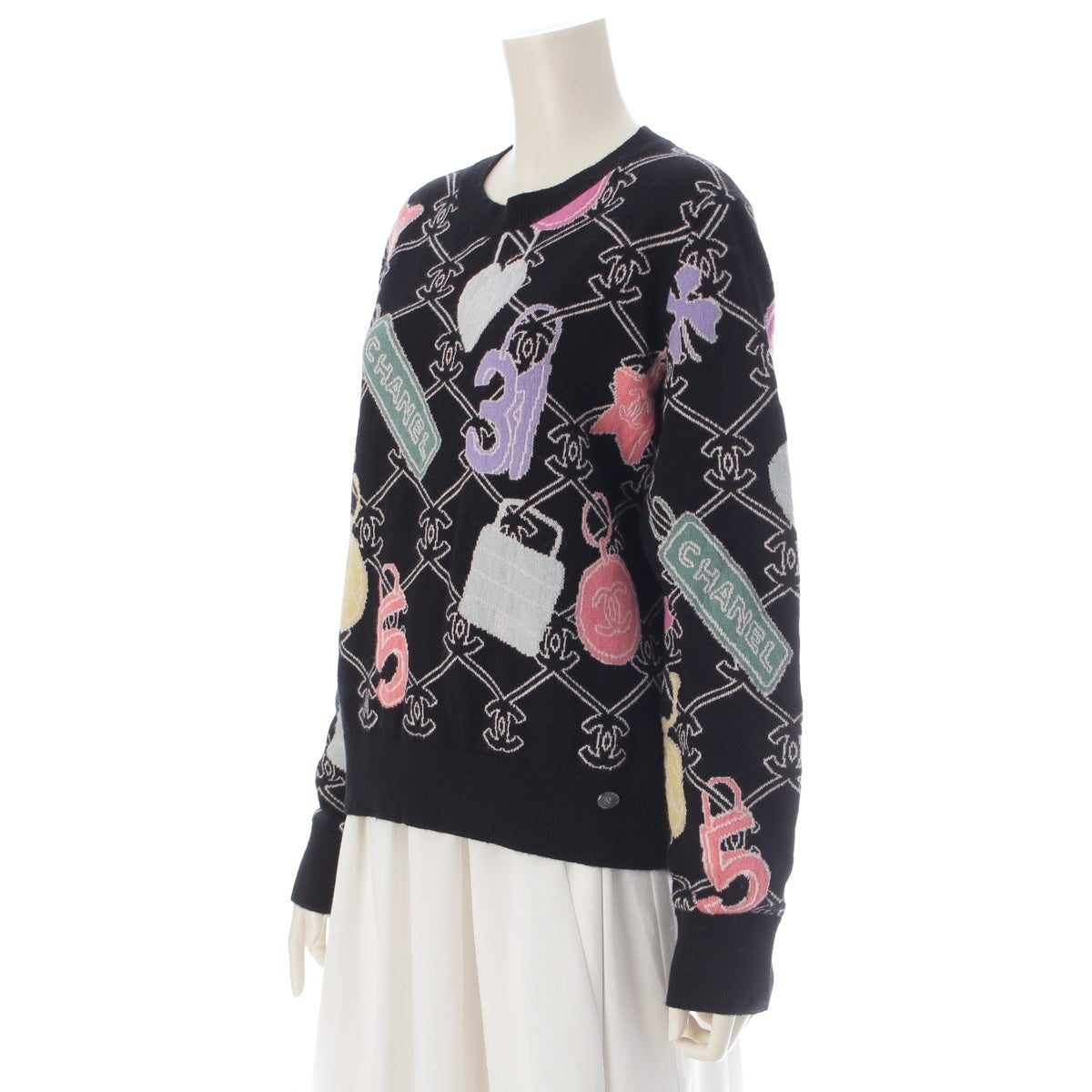 CHANEL cashmere COCO Mark Icon Knit sweater tops P72298 Black x multicolor 40