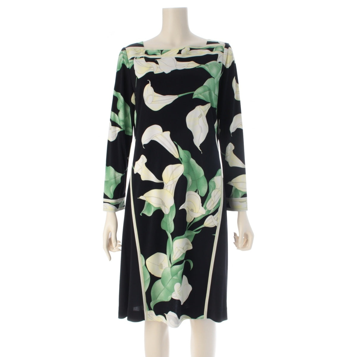 LEONARD Cancan material Boat neck floral pattern one piece 0130220 black green white 40