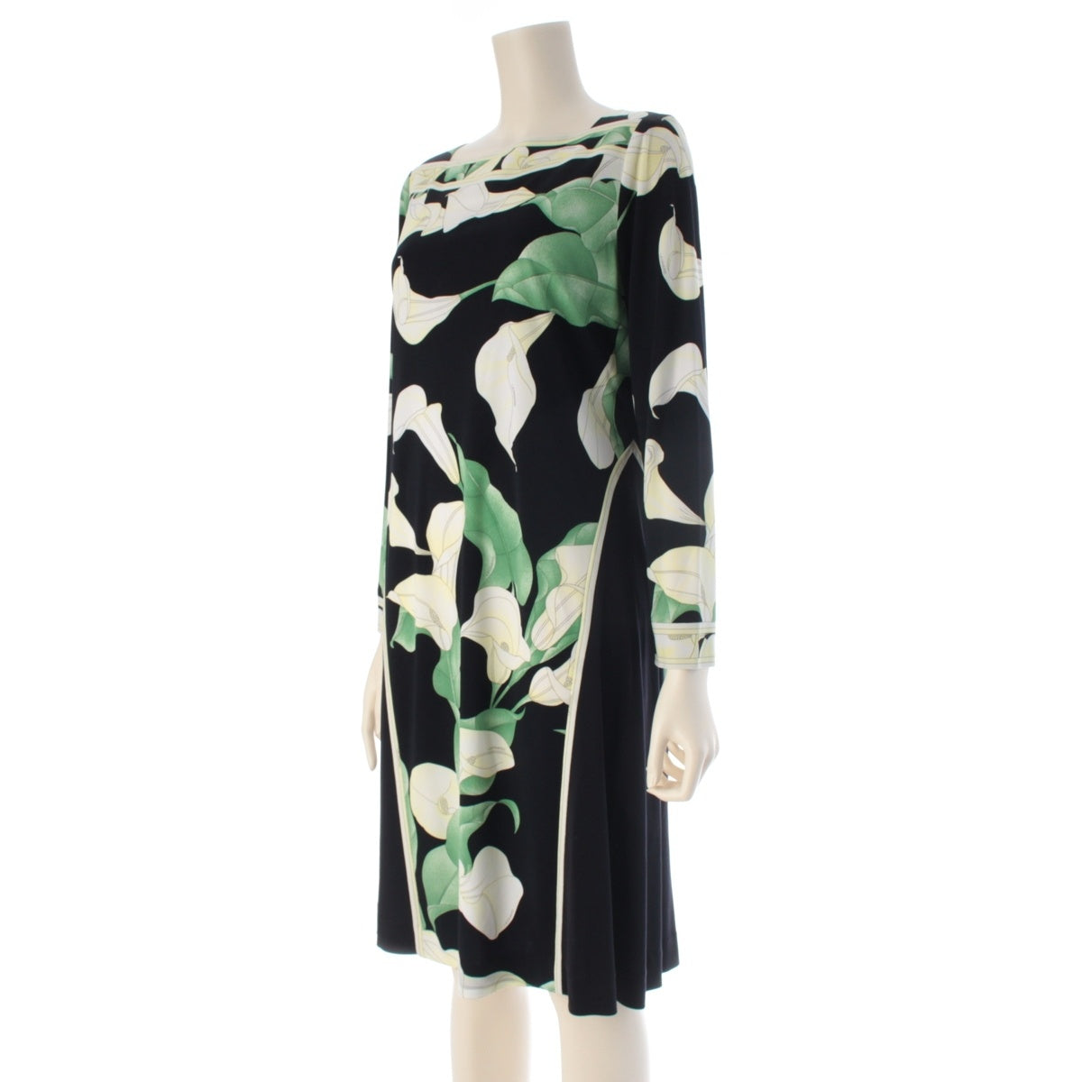 LEONARD Cancan material Boat neck floral pattern one piece 0130220 black green white 40