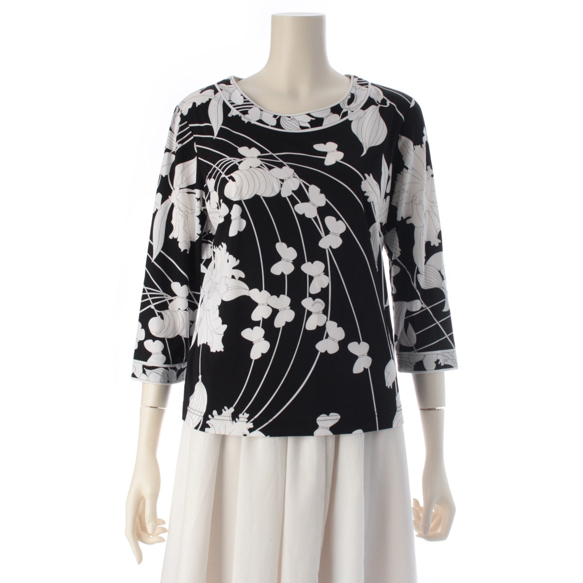 LEONARD Can-can material, three-quarter length, round neck blouse tops 0199514 Black x white L