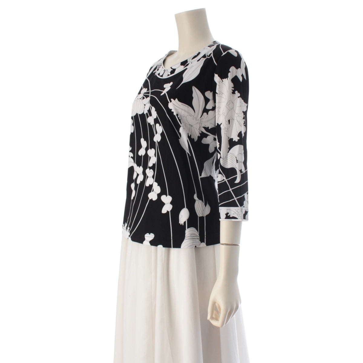 LEONARD Can-can material, three-quarter length, round neck blouse tops 0199514 Black x white L