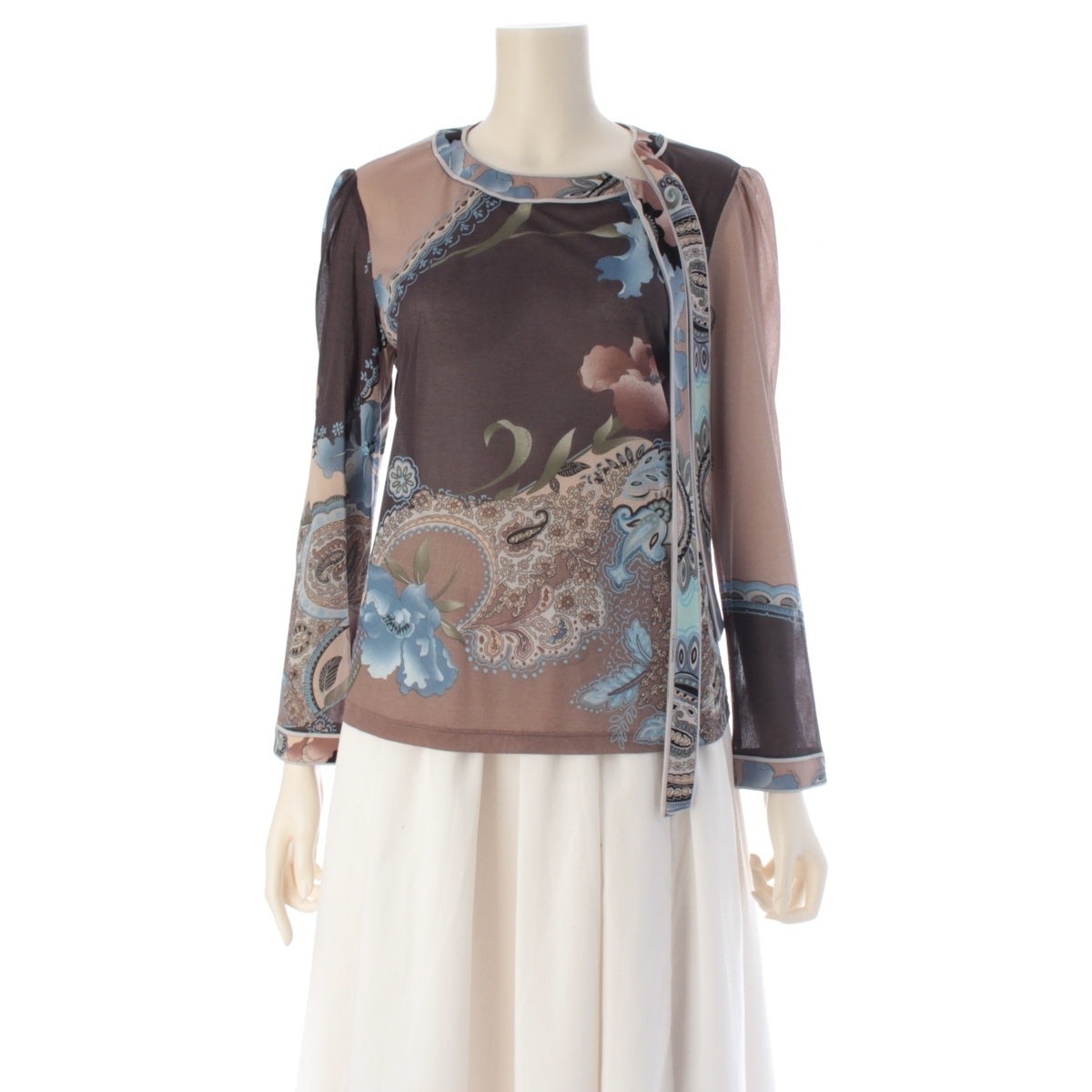 LEONARD Cancan material Bow tie, sheer, all-over pattern blouse 0169509 Gray, Brown, Blue, Multicolor L