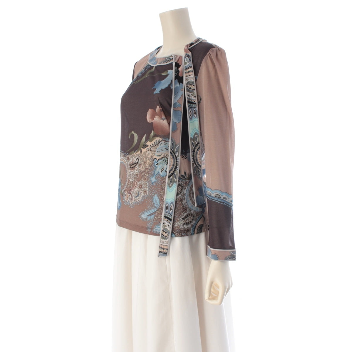 LEONARD Cancan material Bow tie, sheer, all-over pattern blouse 0169509 Gray, Brown, Blue, Multicolor L