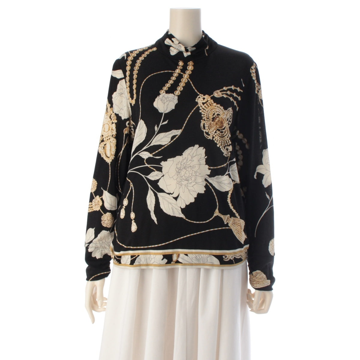 LEONARD Wool x silk Bijou Pattern Turtleneck Long Sleeve Cut tops 0369631 Black x Gold 42