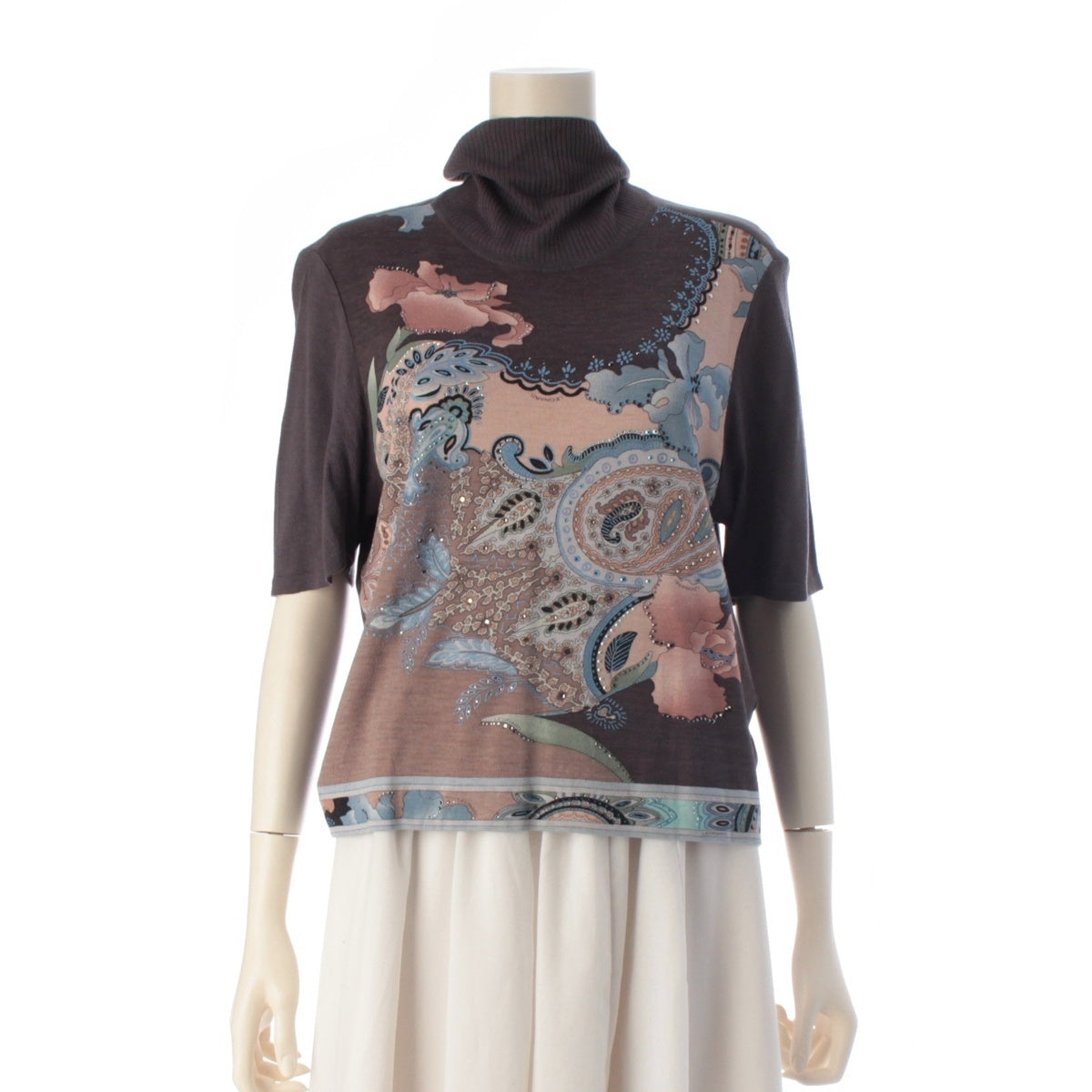 LEONARD Bijou Paisley Pattern Turtleneck Short Sleeve sweater Knit Top 0367901 gray multi color L