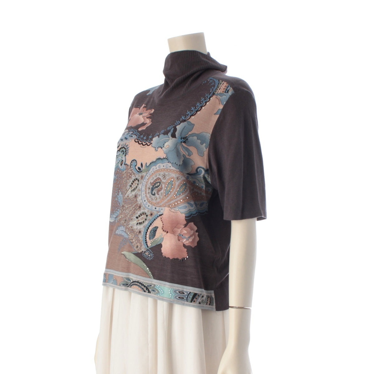 LEONARD Bijou Paisley Pattern Turtleneck Short Sleeve sweater Knit Top 0367901 gray multi color L