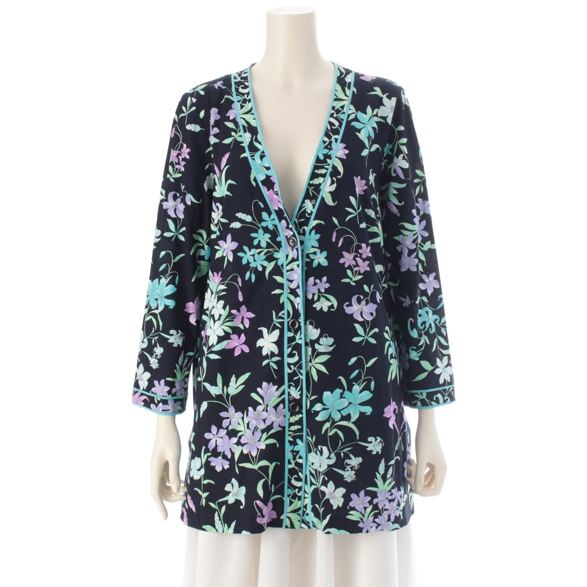 LEONARD fashion cotton Floral pattern long cardigan 0379638 Black blue 42